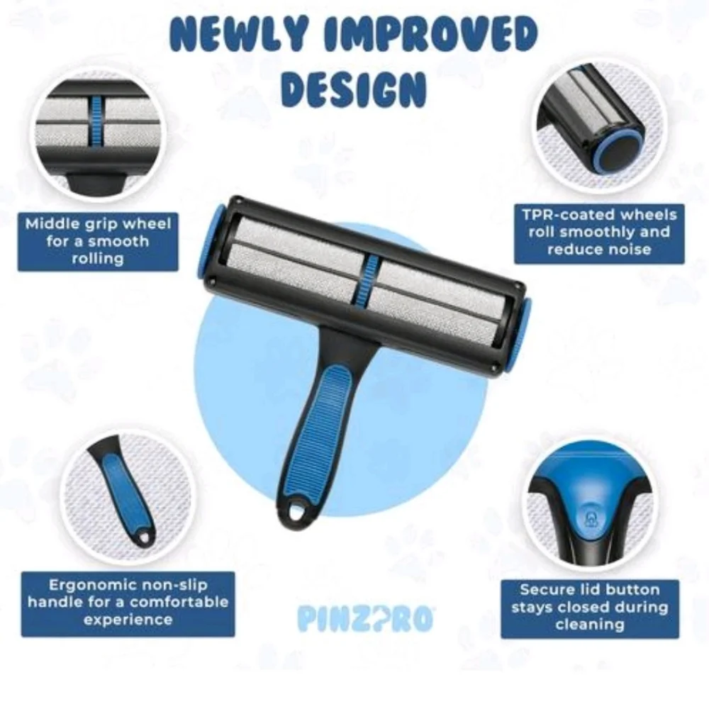 PinzPro Pet Hair Remover Roller & Detailer Tool Set - Blue/Black